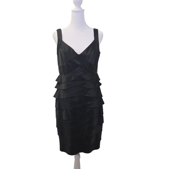 London Times Satin Layered Little Black Bodycon Dress Size 10 Petite - Picture 1 of 7